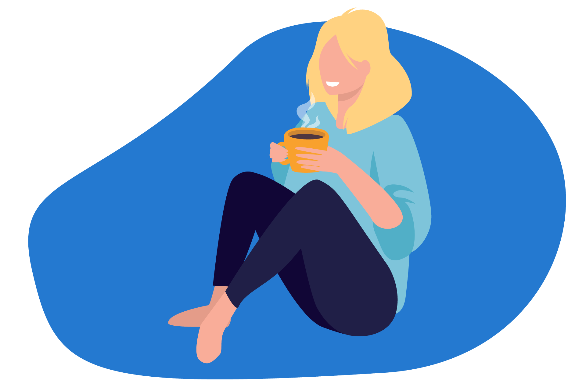 Pessoa sentada de pernas cruzadas a beber uma bebida quente a partir de uma chávena cor de laranja.